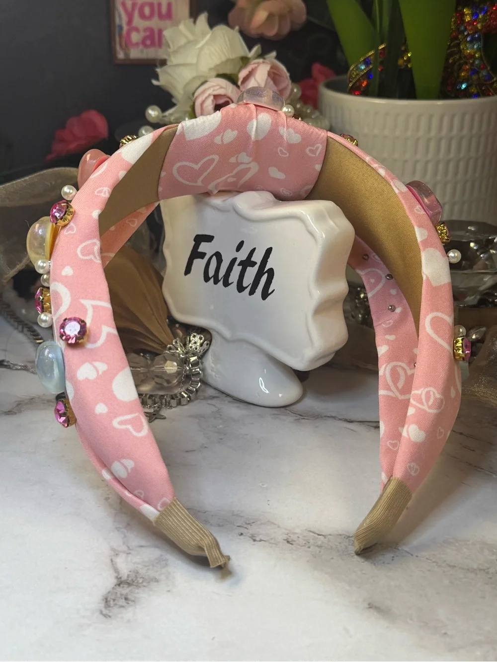 Faith Pink Embellished Heart Kids Headband